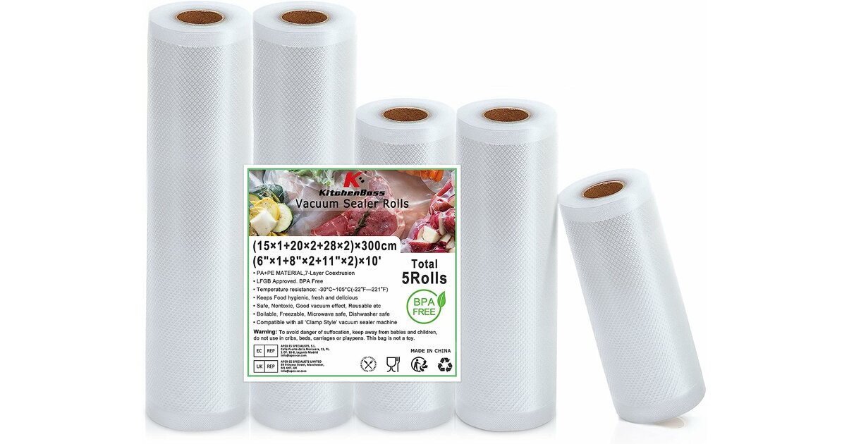 KitchenBoss Rouleaux Sacs Sous Vide Alimentaire 6 Rouleaux (15x300cm + 20x300cm + 28x300cm) - Film Sans BPA Pour Machine Sous Vide